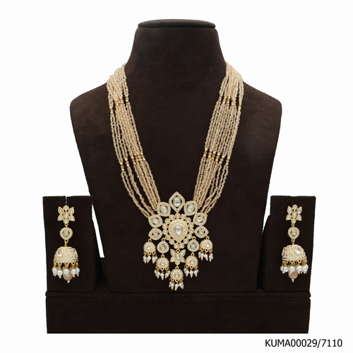 Kundan Pendent Set With Mint Blue Colour Beads Mala And Pearl Hangings
