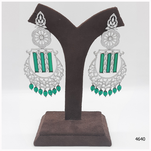 American Diamond Earring With Emerald colour Stone Work And Hanging