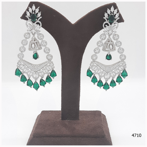 American Diamond Earring With Emerald colour Stone Work And Hanging