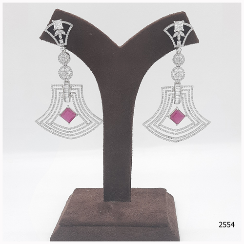 American Diamond Earring With Ruby Colour Stone Work