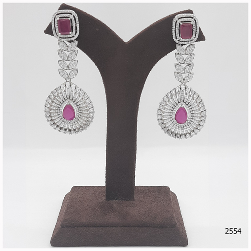 American Diamond Earring With Ruby Colour Stone Work