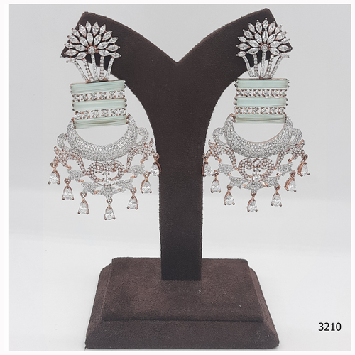 American Diamond Earring With Mint colour Stone Work And Diamond Hanging