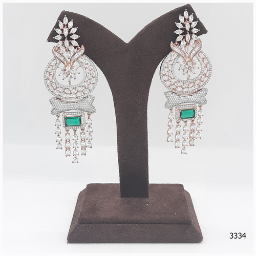 American Diamond Earring With Emerald colour Stone Work And Diamond Hanging