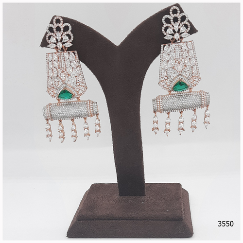 American Diamond Earring With Emerald colour Stone Work And Hanging
