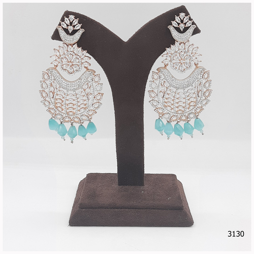 American Diamond Earring - Alloy Material, Aqua Blue Stone Accents | Elegant Drop Style, Sparkling Design for Occasion Wear