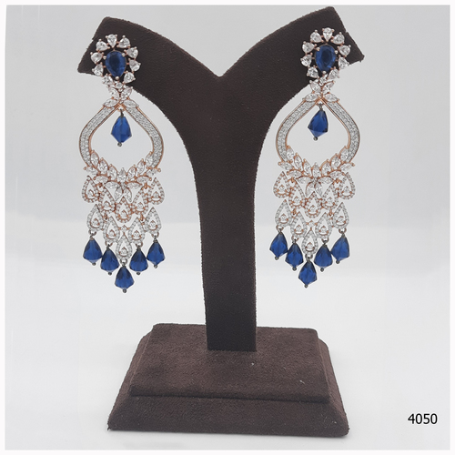 American Diamond Earring With BLUE colour Stone Work And Hanging