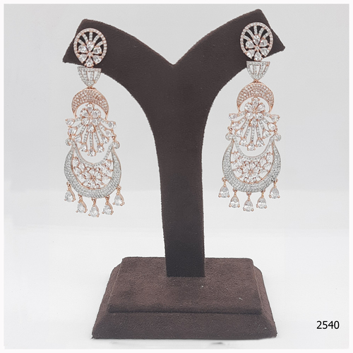 American Diamond Earring - Alloy, 3 Inches Long, Silver Color, Rose Gold Plating | Elegant Design, Sparkling Stones, Durable Material, Ideal Gift Option