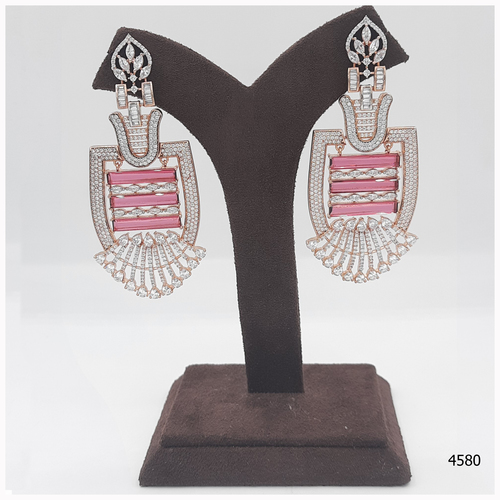American Diamond Earring - Alloy, Pink Color, Silver Finish | Elegant Design, Sparkling Stones, Lightweight, Trendy Style, Push Back Closure