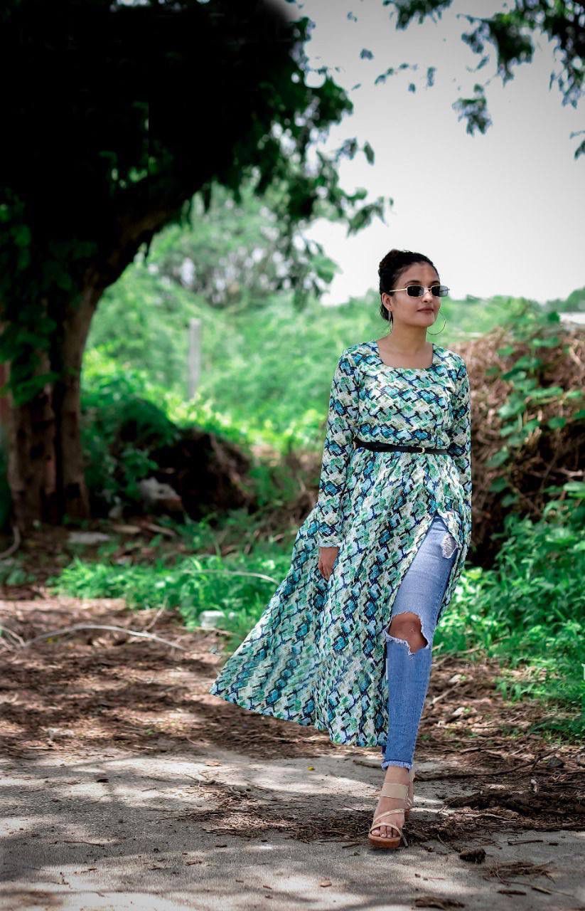 Empire Snack Printed Dress - 50 Inch Length, Flare 3.5 Mtrs | Includes Leather Belt, Perfect For Brunch Or Casual Strolls, Available In Ladies Sizes M, L, Xl, Xxl