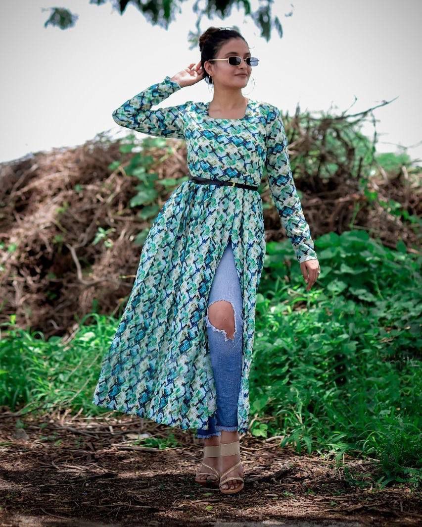 Empire Snack Printed Dress - 50 Inch Length, Flare 3.5 Mtrs | Includes Leather Belt, Perfect For Brunch Or Casual Strolls, Available In Ladies Sizes M, L, Xl, Xxl