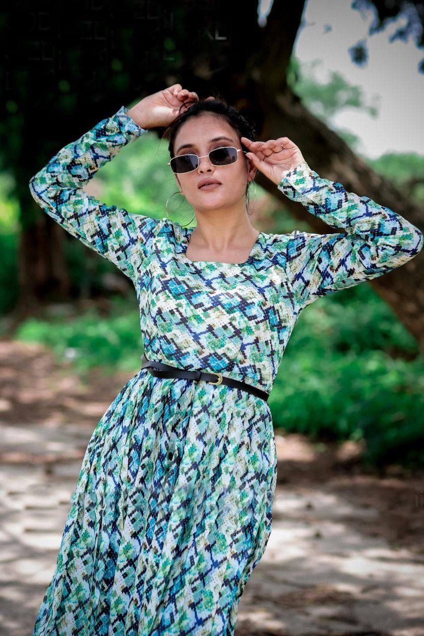Empire Snack Printed Dress - 50 Inch Length, Flare 3.5 Mtrs | Includes Leather Belt, Perfect For Brunch Or Casual Strolls, Available In Ladies Sizes M, L, Xl, Xxl
