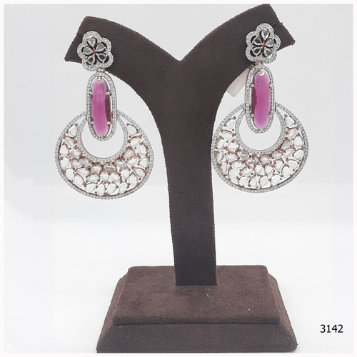 American Diamond Earring With Ruby Colour Stone Work