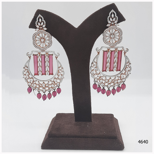 American Diamond Earring With Ruby Colour Stone Work  And Hanging
