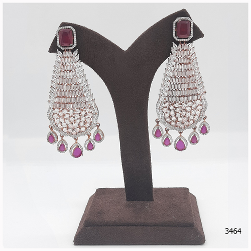 American Diamond Earring With Ruby Colour Stone Work And Hangings