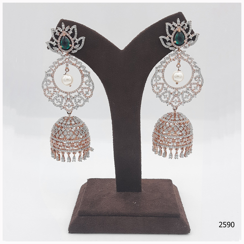 American Diamond Jhumka - Silver Material, Green Emerald Stone Color | Elegant Design, Sparkling Stones for Weddings and Parties