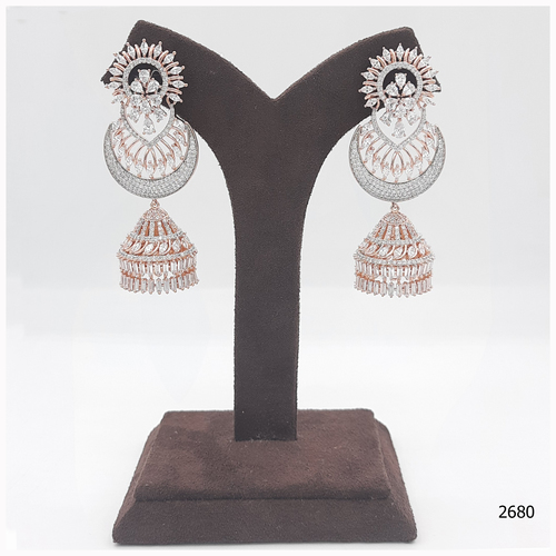 American Diamond Jhumka - Alloy Material, Silver Color, Rose Gold Plating | Elegant Design, Sparkling Stones, Lightweight, Durable, Perfect for Occasions