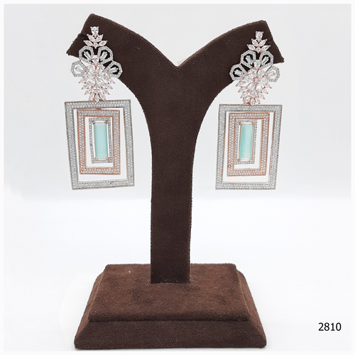 Rose Gold American Diamond Earring With Aqua Blue Stone Work