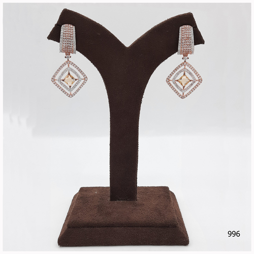 Rose Gold American Diamond Earring With Yellow Stone Work