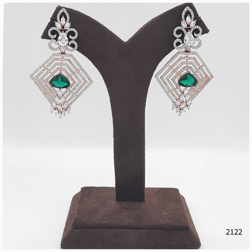 Rose Gold American Diamond Earring With Emerald Colour Stone Work