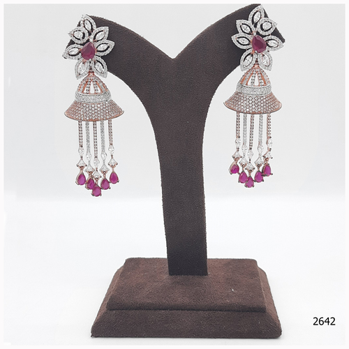 Rose Gold American Diamond Earring With Ruby Colour Stone Work And Hanging