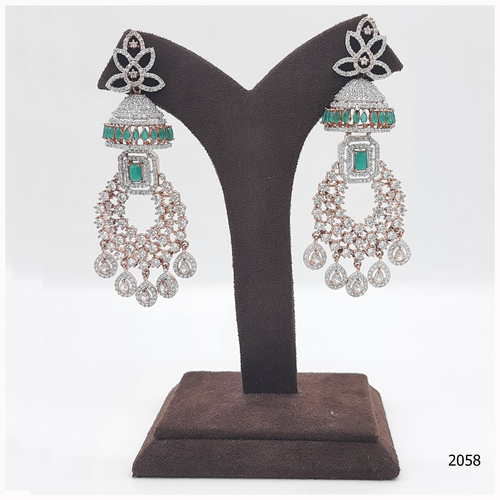 Rose Gold American Diamond Earring With Emerald Colour Stone Work