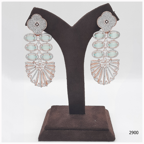 Rose Gold American Diamond Earring With Aqua Blue Colour Stone Work