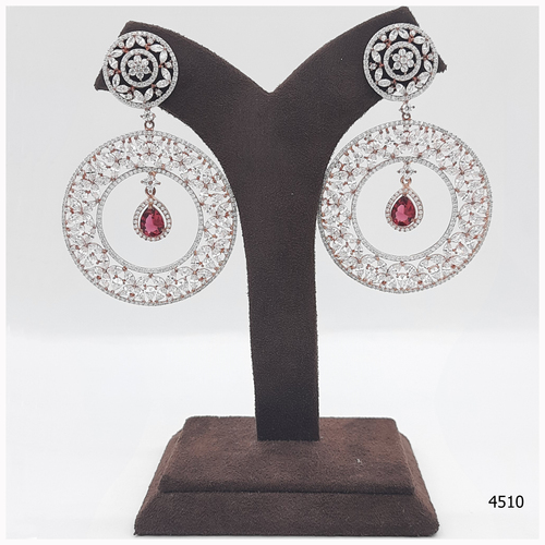 Rose Gold American Diamond Earring With Beautiful Ruby Colour Stone Work