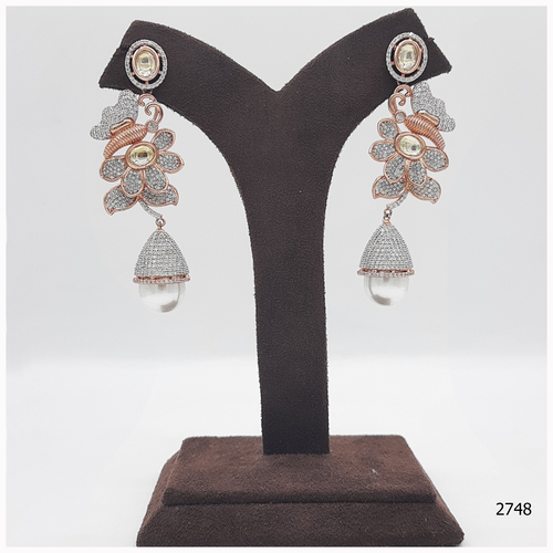 Rose Gold American Diamond Earring With Beautiful Yellow Colour Stone Work