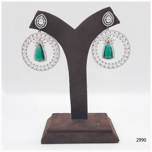 Rose Gold American Diamond Earring With Beautiful Emerald Colour Stone Work