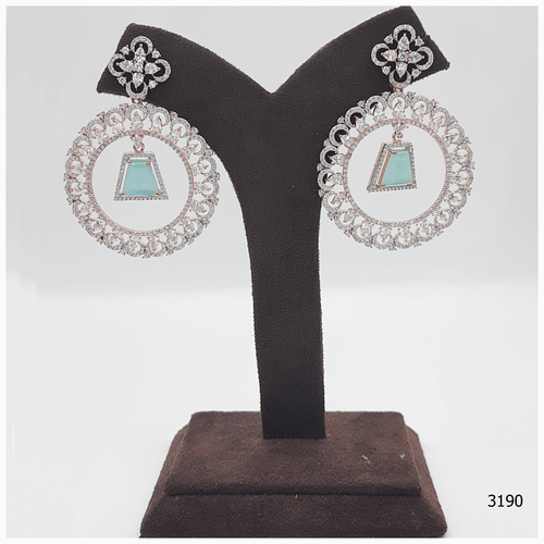 Rose Gold American Diamond Earring With Beautiful Aqua Blue Colour Stone Work