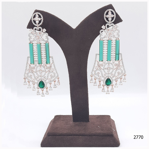 Rose Gold American Diamond Earring With Emerald Colour Stone Work