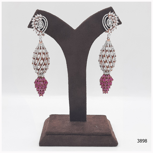 Rose Gold American Diamond Earring With Beautiful Ruby Colour Stone Work