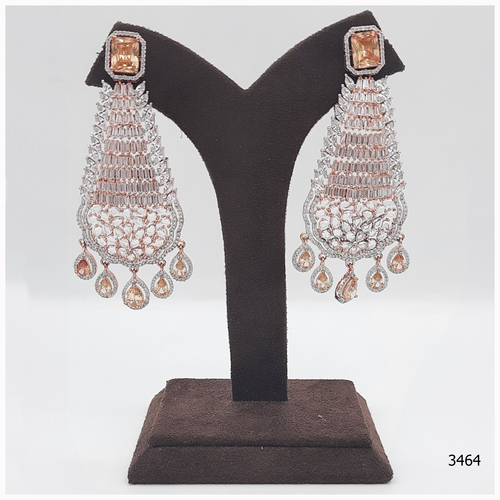 Rose Gold American Diamond Earring With Beautiful Ruby Colour Stone Work And Haniging