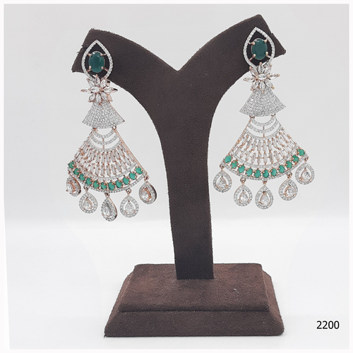 Rose Gold American Diamond Earring With Beautiful Emerald Colour Stone Work And Haniging