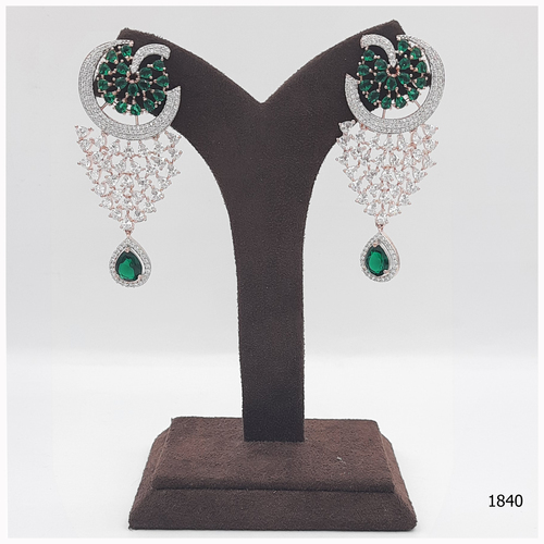Rose Gold American Diamond Earring With Beautiful Emerald Colour Stone Work And Haniging