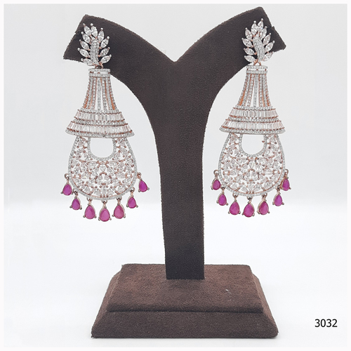 Rose Gold American Diamond Earring With Beautiful Pink Colour Stone Work And Haniging