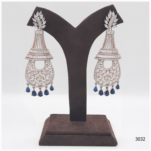 Rose Gold American Diamond Earring With Blue Colour Stone Work And Haniging