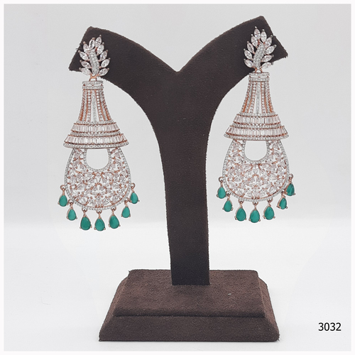 Rose Gold American Diamond Earring With Emerald Colour Stone Work And Haniging