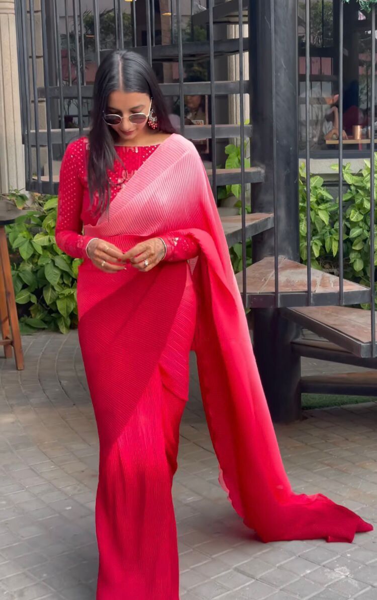 Designer Pleated Saree - Gorgette Fabric, 5.5 Meters Length | Pink Color, Stitched Blouse With Embroidery