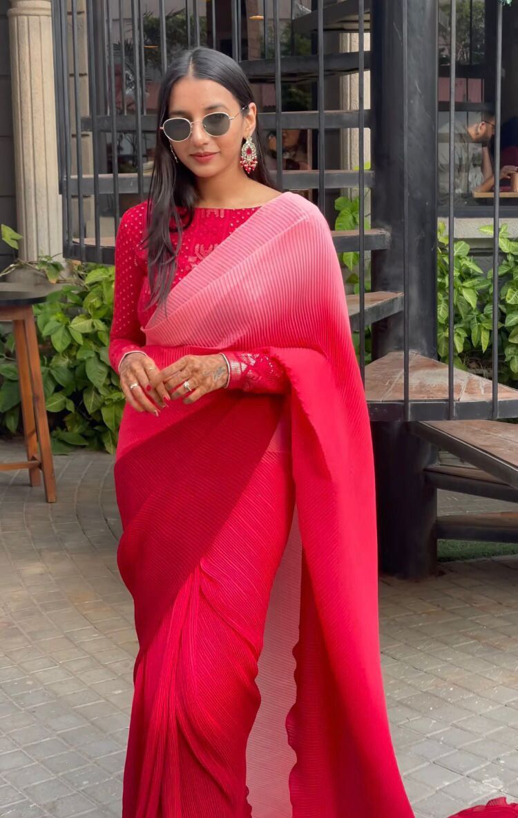 Designer Pleated Saree - Gorgette Fabric, 5.5 Meters Length | Pink Color, Stitched Blouse With Embroidery
