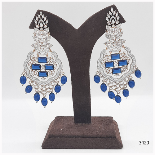 Rose Gold American Diamond Earring With Blue Colour Stone Work