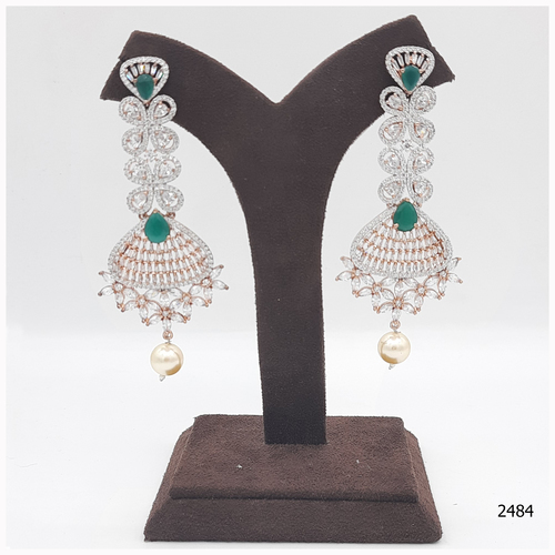 Rose Gold American Diamond Earring With Emerald Colour Stone Work And Pearl Hanging