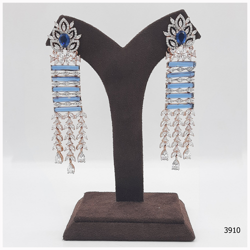 Rose Gold American Diamond Earring With Blue Colour Stone Work And American Diamond Hanging