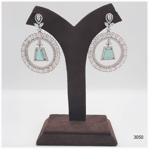Rose Gold American Diamond Earring With Aqua Blue Colour Stone Work