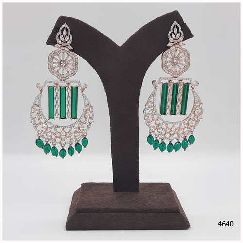 Rose Gold American Diamond Earring With Emerald Colour Stone Work And Hanging