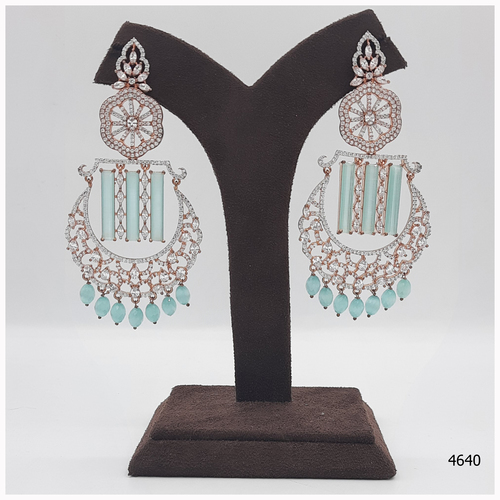Rose Gold American Diamond Earring With Aqua Blue Colour Stone Work And Hanging