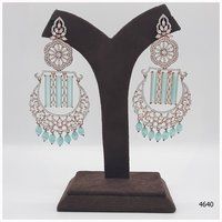 Rose Gold American Diamond Earring With Aqua Blue Colour Stone Work And Hanging