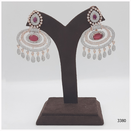 Rose Gold American Diamond Earring With Ruby Colour Stone Work And American Diamond Hanging