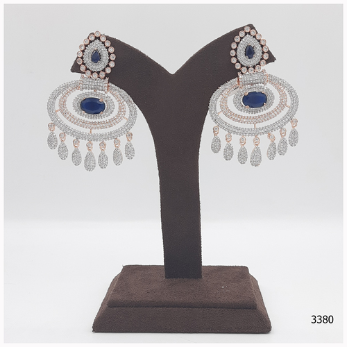 Rose Gold American Diamond Earring With Blue Colour Stone Work And American Diamond Hanging