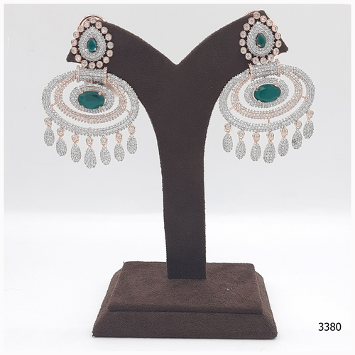 Rose Gold American Diamond Earring With Emerald Colour Stone Work And American Diamond Hanging